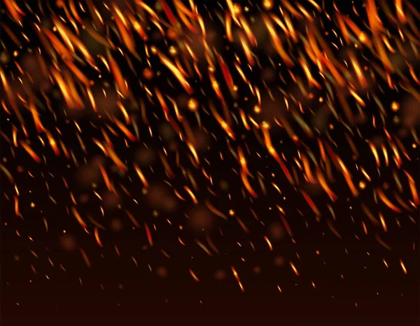 炎の火が背景に輝きます 隔離された火オレンジ イエロー レッド スパークス煙 熱い燃える金のフラッシュ ブラックに対する現実的な火災効果 明るい夜 ゴールドグリッター 現実的なエネルギー — ストックベクタ