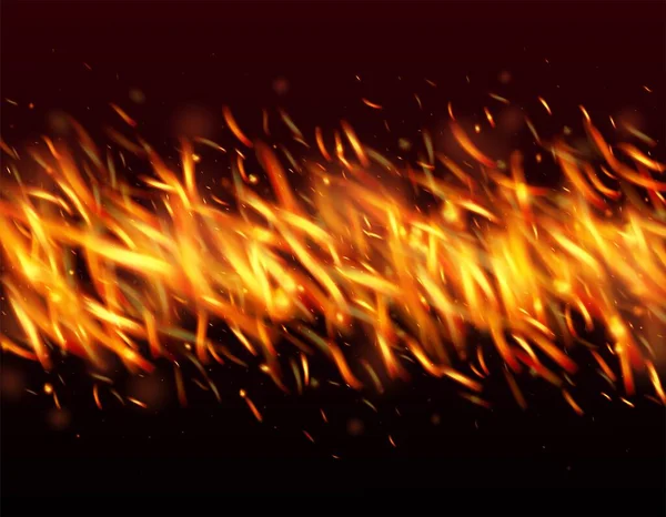 炎の火の火花背景 現実的な火のイメージを黒で 明るい夜 金の星 ホット ブレイジング フレーク 現実的なエネルギーグロー 孤立した火 赤オレンジ黄色の輝き — ストックベクタ