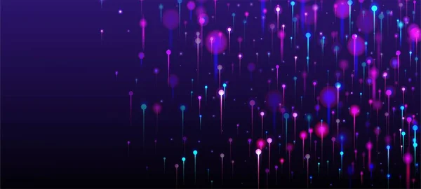蓝色粉红紫色背景 明亮的光点元素 人工智能大数据以太网技术壁纸 网络科学横幅 社会科学纤维光针 — 图库矢量图片