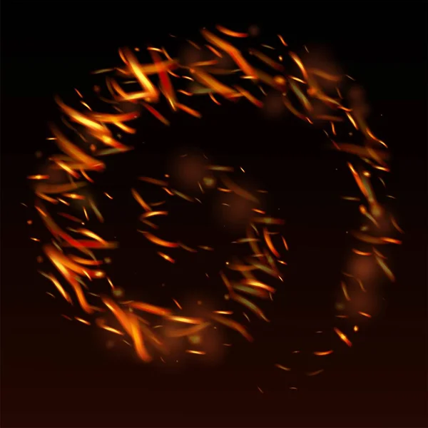 炎の火が背景に火花を消す 現実的な火のイメージを黒で ホットバーニンググローフラッシュ 孤立した火災 オレンジイエローレッドスパークル 現実的なエネルギーグロー 明るい夜 金の星 — ストックベクタ