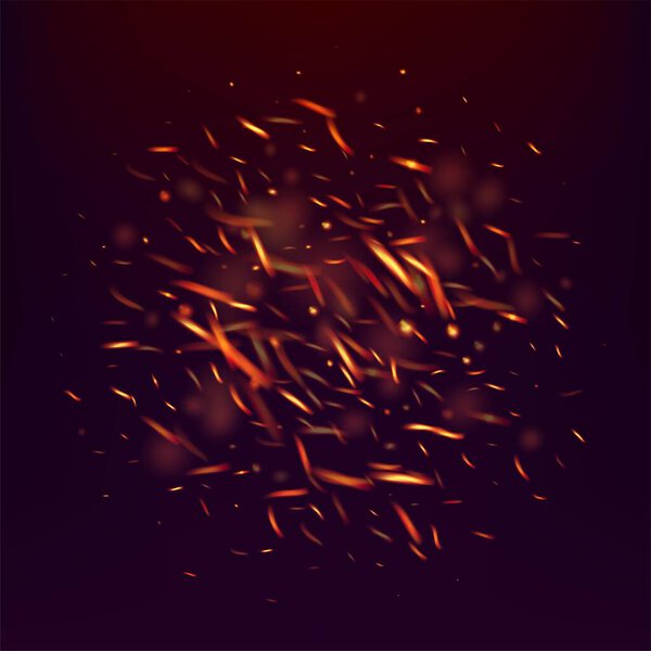 Сжигание пламени огненные искры фон. Блеск Реалистической Энергии. Огнеопасное изображение на черном. Изолированный огонь, желтый оранжевый красный блеск, дым. Горячие вспышки сияния. Светлая ночь, золотые звезды.