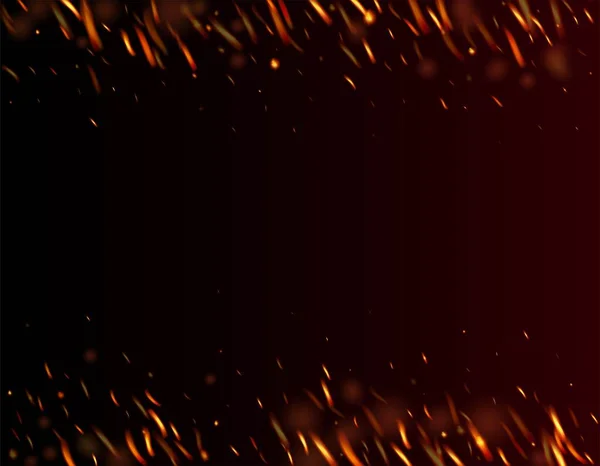 炎の火の火花背景 ブラックに対する現実的な火災効果 現実的なエネルギーの輝き 明るい夜 金の星 孤立した火災 オレンジイエローレッドスパークル 熱い燃えるような金のフラッシュ — ストックベクタ