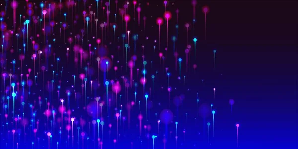 粉红紫蓝色背景 人工智能大数据以太网未来主义墙纸 网络科学横幅 霓虹灯发光粒子 光纤社会科学光针 — 图库矢量图片