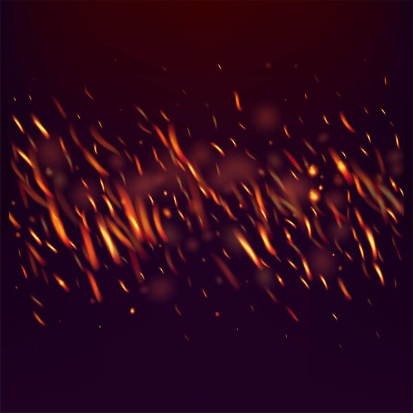 Пылающий огонь огненные искры фон. Реалистичное энергетическое свечение. Светлая ночь, Золотой Блеск. Реалистичный пожарный эффект на чёрное. Изолированный огонь, желтый красный оранжевый блеск, дым. Горячие вспышки хлопьев.