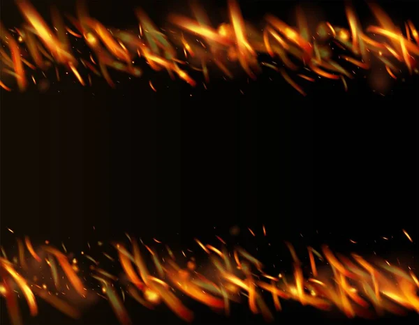 炎の火が背景に輝きます 明るい夜 キラキラ星 現実的なエネルギーグロー 現実的な火のイメージを黒で 熱い燃えるような金のフラッシュ 孤立した火 黄色のオレンジ赤の火花 — ストックベクタ