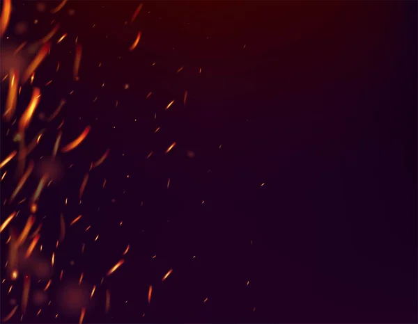 炎の火が背景に火花を消す 孤立した火災 オレンジレッドイエロースパークル ホットバーニンググローフラッシュ 明るい夜 グリッターゴールド 現実的なエネルギーの輝き 現実的な火災画像上の黒 — ストックベクタ