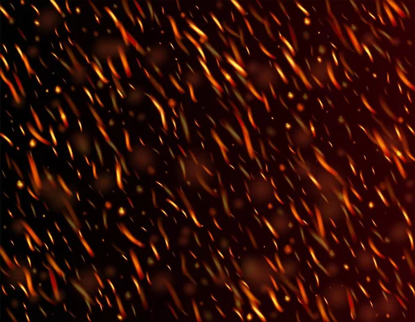 炎の火の火花背景 孤立した火災 オレンジレッドイエロースパークル 現実的な火のイメージを黒で 明るい夜 金の星 現実的なエネルギーグロー ホットブレーキフラッシュ — ストックベクタ