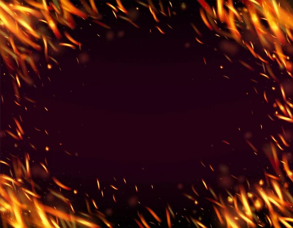 炎の火が背景に火花を消す 明るい夜 星の金 ホット バーニング フレーク ブラックに対する現実的な火災効果 隔離された火 黄色のオレンジ赤の輝き 現実的なエネルギー — ストックベクタ
