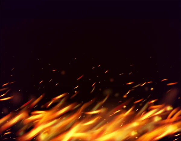炎の火の火花背景 現実的なエネルギーの輝き 熱い燃えるような金のフラッシュ 隔離された火 黄色のオレンジ赤の輝き 明るい夜 金の星 現実的な火災画像上の黒 — ストックベクタ