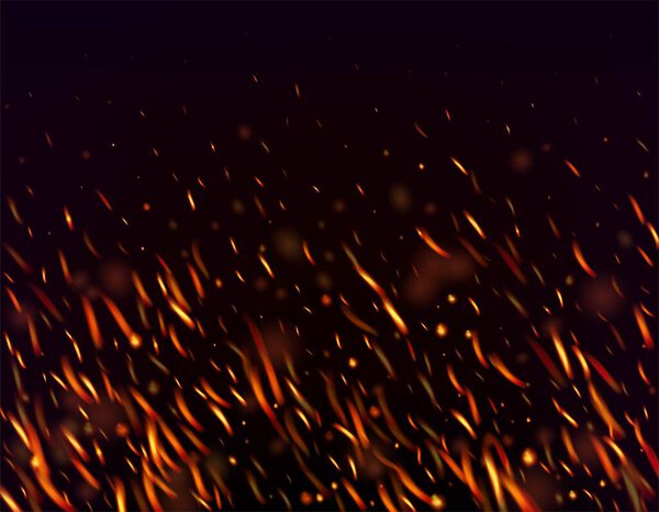 Сжигание пламени огненные искры фон. Реалистичный пожарный эффект на чёрное. Блеск Реалистической Энергии. Горячие вспышки сияния. Изолированный огонь, желтый оранжевый красный блеск, дым. Светлая ночь, золотой блеск.