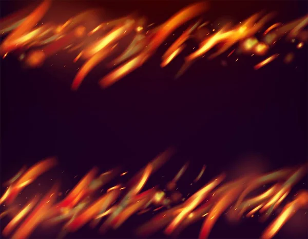 炎の火の火花背景 現実的なエネルギーの輝き ブラックに対する現実的な火災効果 明るい夜 星の輝き 孤立した火災 赤黄橙色の輝き ホットブレーザーグローフラッシュ — ストックベクタ