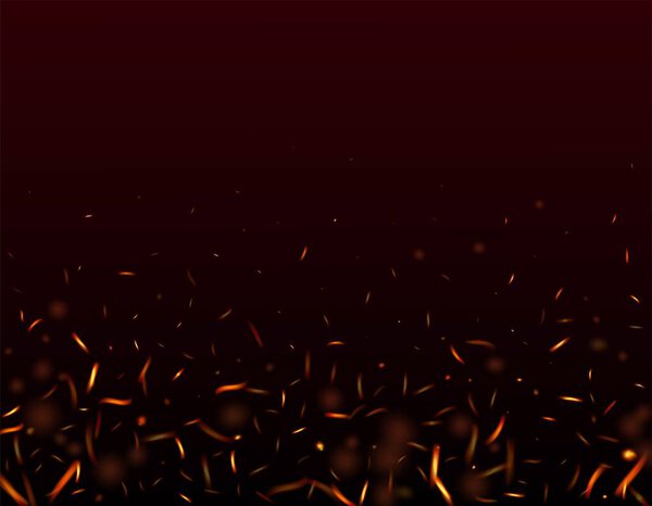 Сжигание пламени огненные искры фон. Блеск Реалистической Энергии. Горячие вспышки золота. Светлая ночь, звездный блеск. Реалистичный пожарный эффект на чёрное. Изолированный огонь, оранжево-желтые красные искры, дым.