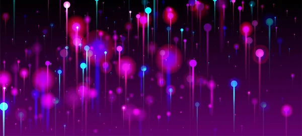 パープルピンクブルーのモダンな背景 ビッグデータ人工知能インターネット技術壁紙 ネットワーク科学バナー 明るい光のノード粒子 光ファイバー 社会科学ライトピン — ストックベクタ