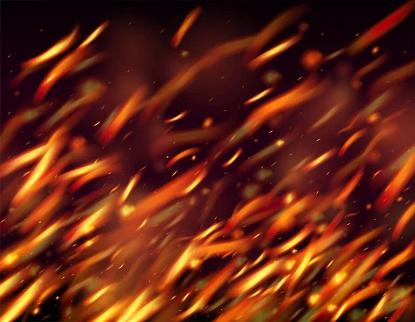 炎の火が背景に火花を消す ホットバーニンググローフラッシュ 現実的な火のイメージを黒で 孤立した火災 オレンジレッドイエロースパークル 明るい夜 星の輝き 現実的なエネルギー Gleam — ストックベクタ