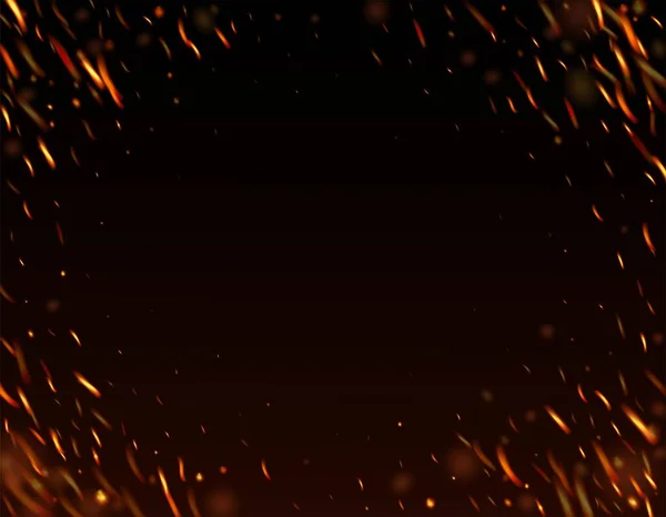 炎の火の火花背景 孤立した火災 オレンジイエローレッドスパークル 熱い燃えるような金のフラッシュ ブラックに対する現実的な火災効果 現実的なエネルギーグロー 明るい夜 キラキラ星 — ストックベクタ