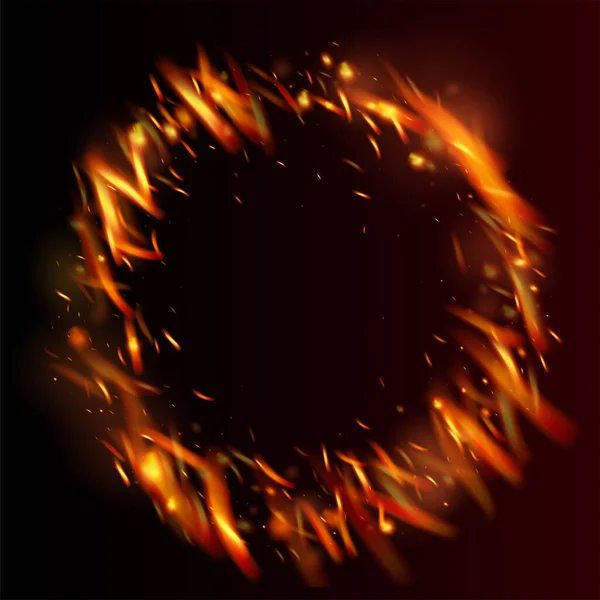 炎の火が背景に輝きます 現実的なエネルギーの輝き 明るい夜 星の金 隔離された火災 赤い黄色のオレンジ火花 ホット バーニング フレーク 現実的な火災画像上の黒 — ストックベクタ