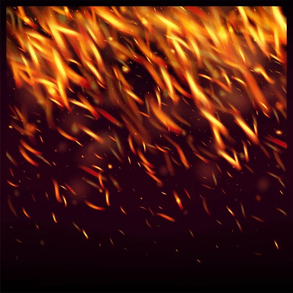 炎の火が背景に輝きます 現実的な火のイメージを黒で 隔離された火オレンジ イエロー レッド スパークス煙 ホット バーニング フレーク 現実的なエネルギーの輝き — ストックベクタ