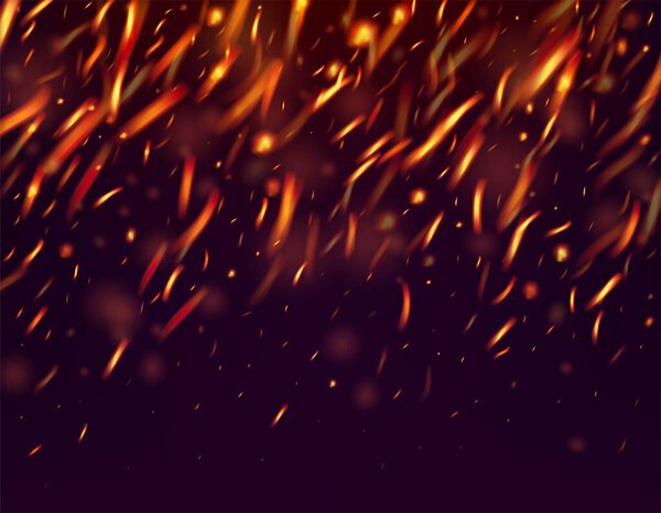 Сжигание пламени огненные искры фон. Реалистичное энергетическое свечение. Светлая ночь, Блестящие Звезды. Горячие вспышки золота. Огнеопасное изображение на черном. Изолированный огонь, желто-оранжевые красные искры, дым.