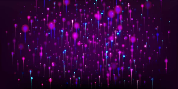 パープルピンクブルーのモダンな背景 ネオンライトノード粒子 ネットワーク科学バナー 人工知能ビッグデータインターネット未来壁紙 社会科学光ファイバーピン — ストックベクタ