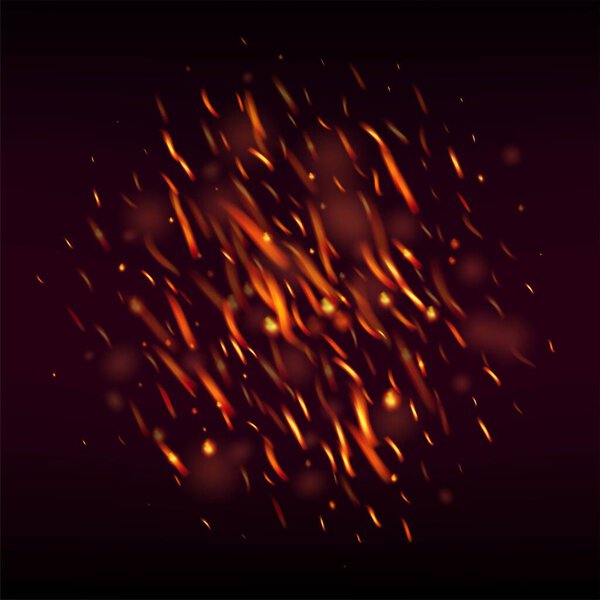 Сжигание пламени огненные искры фон. Изолированный огонь, жёлтый красный апельсин, дым. Реалистичное энергетическое свечение. Горячие вспышки сияния. Огнеопасное изображение на черном. Светлая ночь, блестящие звезды.
