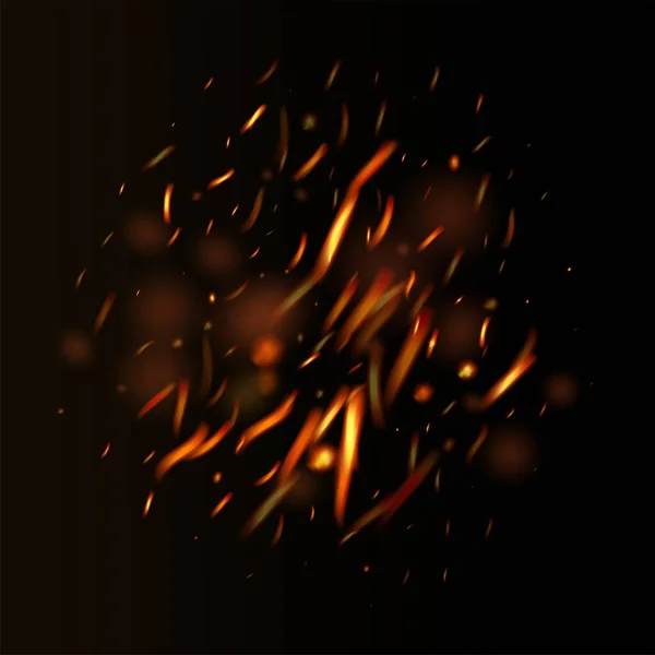 Brännande Låga Eldiga Gnistrar Bakgrund Ljus Natt Guldglitter Realistisk Eldeffekt — Stock vektor