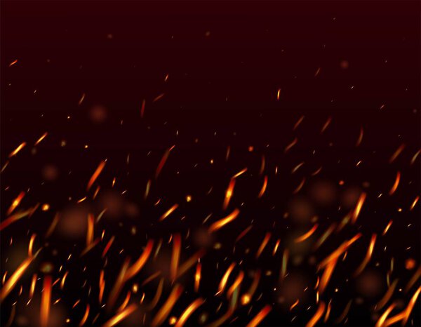 Сжигание пламени огненные искры фон. Светлая ночь, Золотые Звезды. Реалистичный пожарный эффект на чёрное. Изолированный огонь, оранжевые желтые красные искры, дым. Блеск Реалистической Энергии. Горячие вспышки хлопьев.