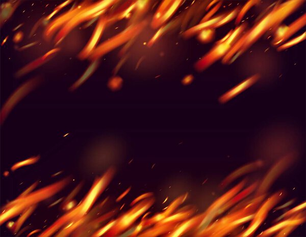 Пылающий огонь огненный искры фон. Реалистичный пожарный эффект на чёрное. Блеск Реалистической Энергии. Светлая ночь, звездный блеск. Изолированный огонь, оранжевые желтые красные искры, дым. Горячие вспышки хлопьев.