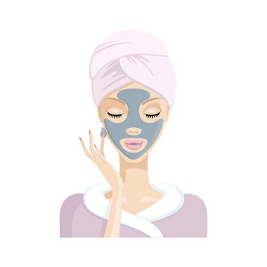 Güzel kız kil ve krem maske yüzünde uğratan. Sağlıklı yaşam, güzellik, vücut bakımı. Beyaz arka plan üzerinde vektör çizim.