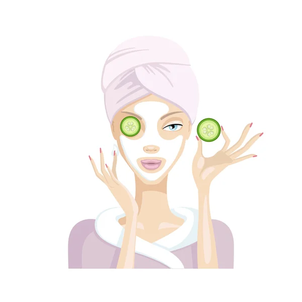 Beautiful girl put the cream on the face and cucumbers. Healthy Lifestyle, Beauty, Body Care. Vector illustration on white background. — Stock Vector