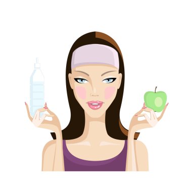 Fitness kız bir elma ve bir şişe su tutuyor. Spor, sağlıklı yaşam, güzellik. Vektör çizim.