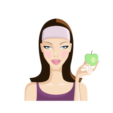 Bir yeşil elma tutan fitness kız. Spor, sağlıklı yaşam, güzellik. Belrm arka plan üzerinde vektör çizim.
