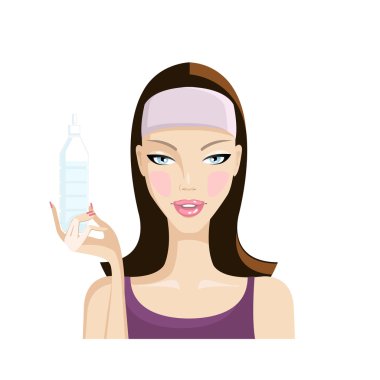Bir şişe su tutarak fitness kız. Spor, sağlıklı yaşam, güzellik. Beyaz arka plan üzerinde vektör çizim.