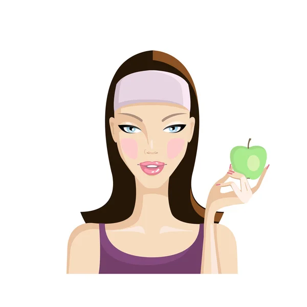 Fitness girl holding a green apple. Sports, healthy lifestyle, beauty. Vector illustration on belrm background. — Stock Vector