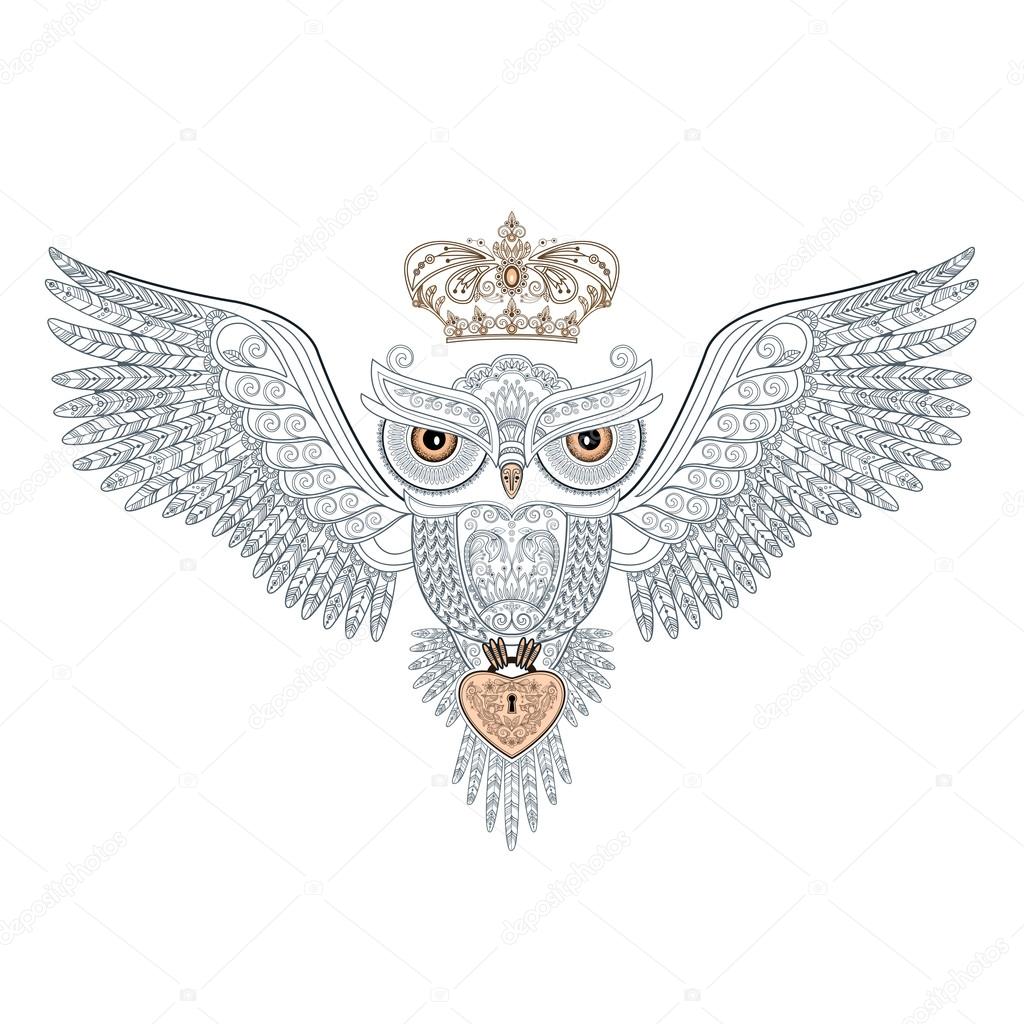 Owl With Open Wings And Floral Ornament And Heart In His Paws And A Crown On His Head On A White Background Vector Illustration Vector Image By C Yafimava Vector Stock 122495036
