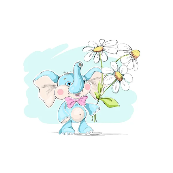 Elefante bebé lindo y divertido con un ramo de flores de manzanilla. Ilustración vectorial . — Vector de stock