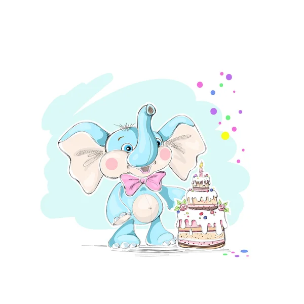 Милий і смішний дитячий слон і торт на свято. Векторні ілюстрації . Ліцензійні Стокові Вектори