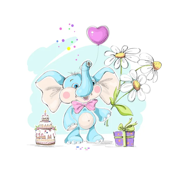 Милий і смішний дитячий слон з букетом ромашок, подарунком, тортом і повітряною кулею у формі серця. Векторні ілюстрації . Векторна Графіка