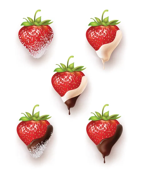 Hermosas fresas en chocolate y azúcar con coco. un montón de opciones. vector ilustración realista — Archivo Imágenes Vectoriales