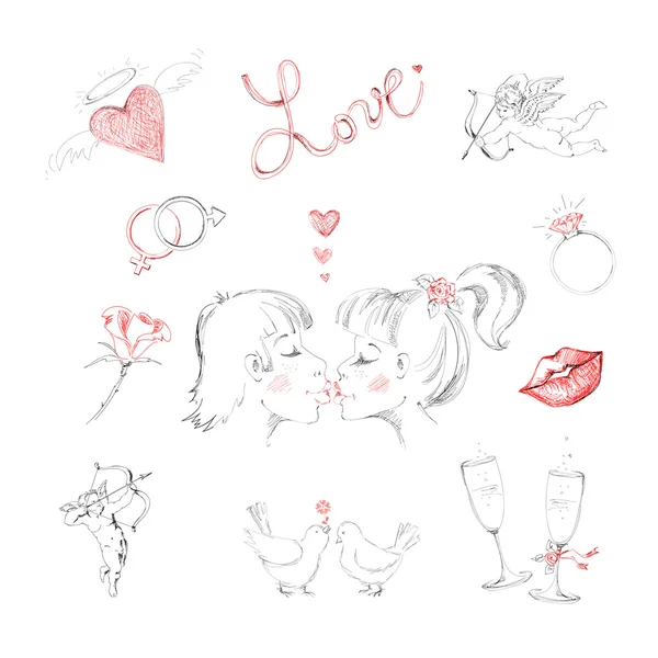 Drawn by hand symbols of love and Valentine's Day. — Stock Vector