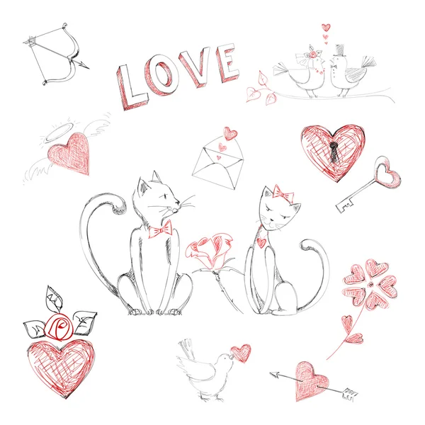 Disegnato a mano simboli di amore e San Valentino . — Vettoriale Stock
