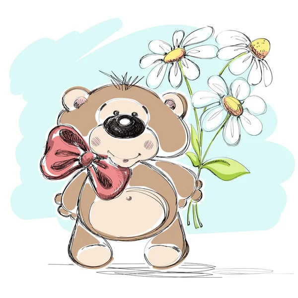 Mooie kleine beer en een boeket van bloemen. Vectorillustratie. — Stockvector