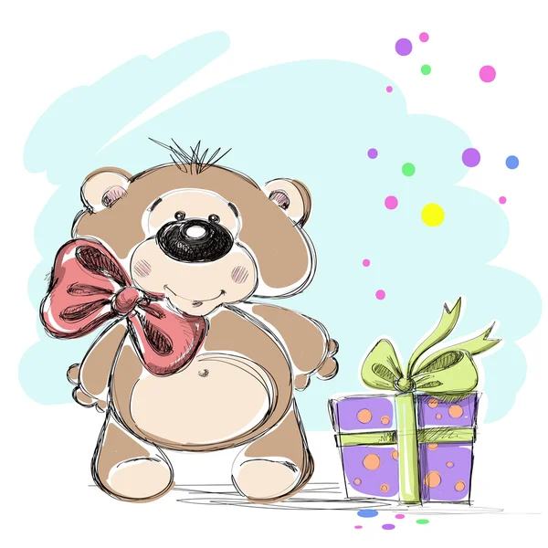 Bonito filhote de urso com um presente. Ilustração vetorial . — Vetor de Stock