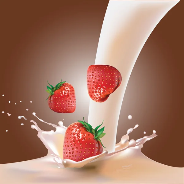 Fragole e latte. Illustrazione realistica vettoriale . — Vettoriale Stock