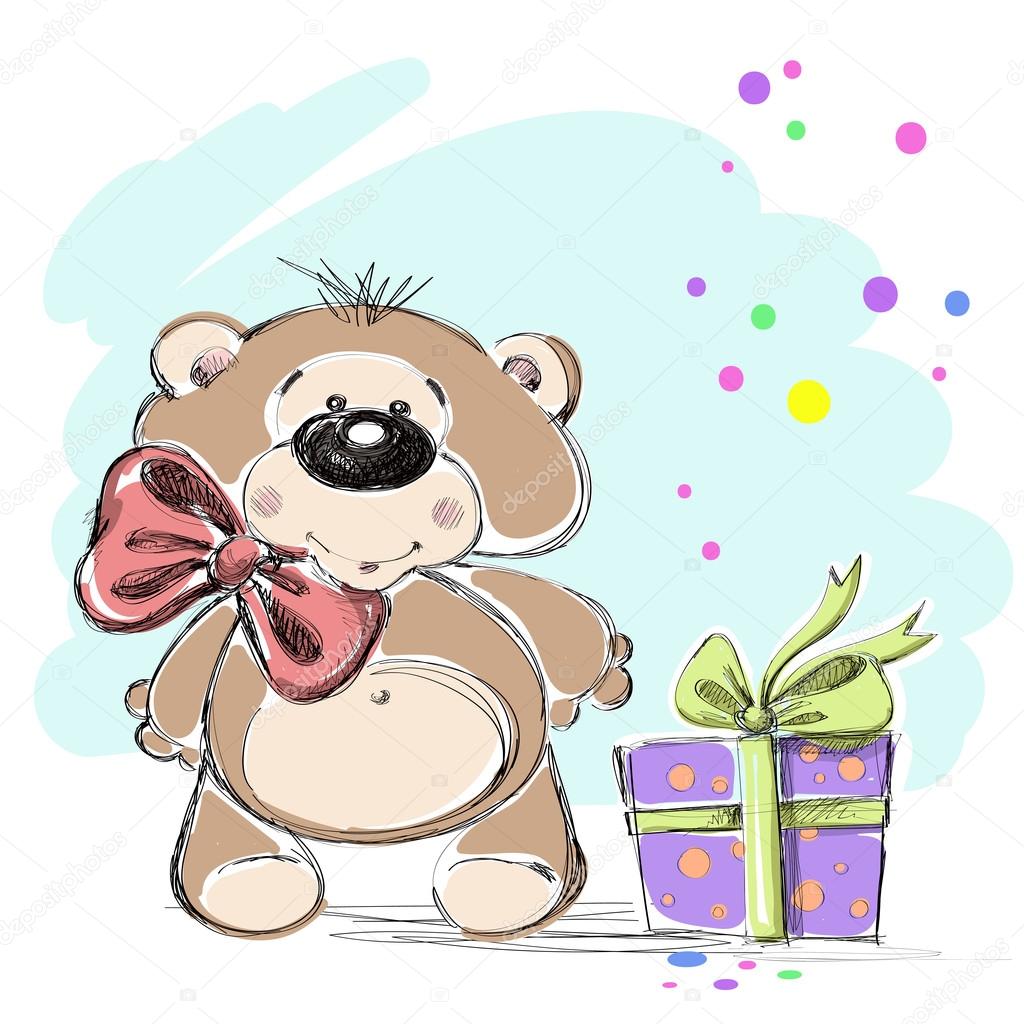 Nice little bear cub with a gift. Vector illustration.