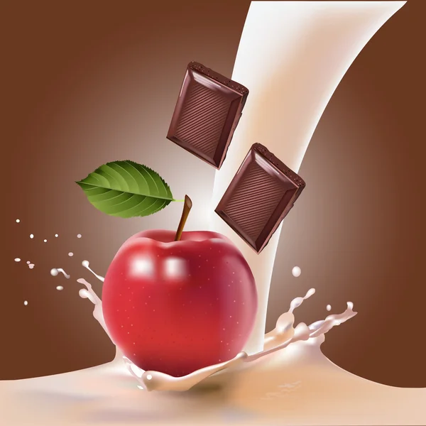 Melk, chocolade, apple. Realistische vectorillustratie. — Stockvector