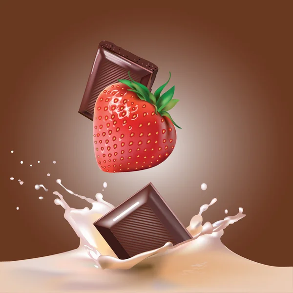 Piezas de fresa y chocolate cayendo en la leche . — Vector de stock