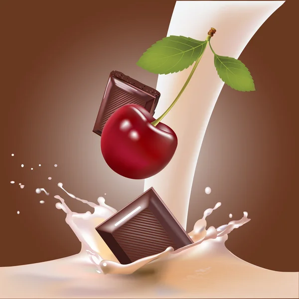Latte, cioccolato, ciliegia. Illustrazione realistica vettoriale . — Vettoriale Stock