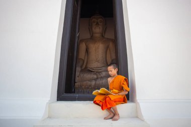 Genç çaylak keşiş Wat Phutthai Sawan Tapınağı 'nda kitap okuyor, Ayutthaya, Tayland