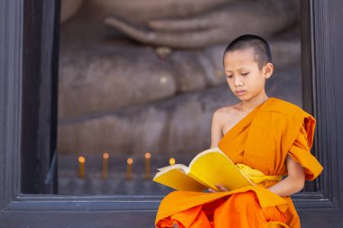 Genç çaylak keşiş Wat Phutthai Sawan Tapınağı 'nda kitap okuyor, Ayutthaya, Tayland
