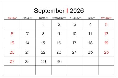 Takvim Eylül 2026 beyaz arka planda izole edildi. Kırpma yolunu kaydet.